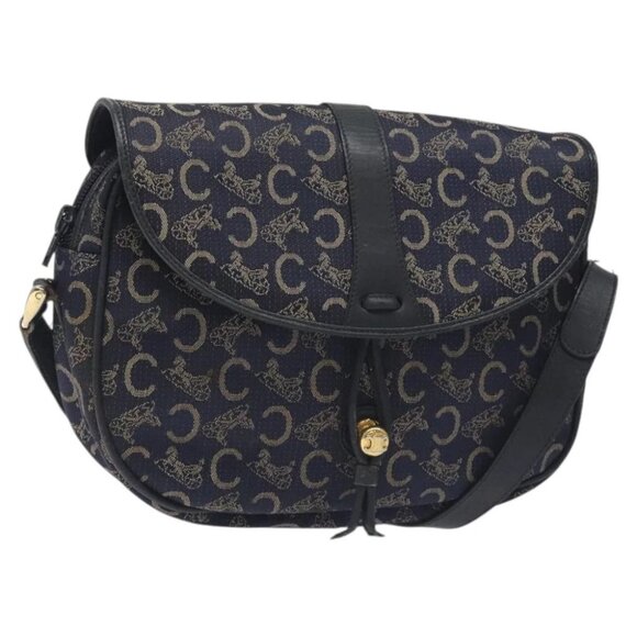 CELINE C Sulky Shoulder Bag Canvas Navy Gold Auth - Picture 6 of 16